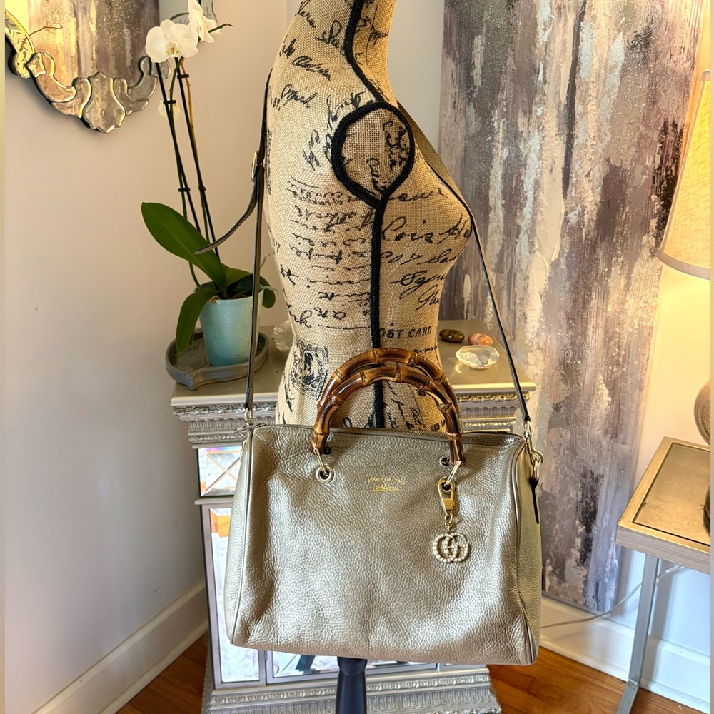 GUCCI BAMBOO SHOPPER Medium Gold Bronze Designer Calf Leather